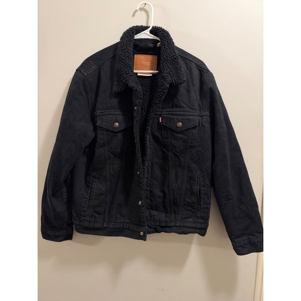 LEvi's Men's Premium big E black sherpa-lined denim trucker jacket Size M Medium